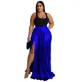Women high waist pleated long skirt elegant solid color split maxi skirt casual wear apparel - 1XL / Blue