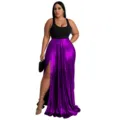 Women metallic purple high waist pleated maxi skirt elegant split long skirt outfit - 1XL / Purple
