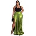 Women metallic pleated maxi skirt high waist split long skirt fashion casual elegant apparel - 1XL / Green
