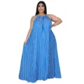 Vue détaillée de la robe longue rayée bleue et blanche avec coupe ample et tissu. - Rayures Bleu Foncé