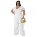 Plus size white ruffle sleeve jumpsuit for women, elegant wide leg casual outfit and apparel. - L / Set / White