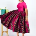 African style print pleated maxi skirt combined with short sleeve pink top close detail - 1XL / Dresses / Rose Red