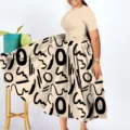 Plus size women's abstract printed short sleeve pleated midi dress, stylish and elegant. - 1XL / Dresses / Khaki