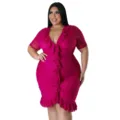 Plus Size Women Sexy V-Neck Ruffle Mesh See-Through Bodycon Short Sleeve Midi Dress - L / Dresses / Rose Red