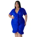 Plus size royal blue mesh dress detail showing V-neck design and double layer ruffle hemline. - L / Dresses / Blue