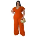 Plus Size orange V-Ausschnitt Rüschenärmel Weites Bein Jumpsuit für Damen Mode Outfit - Orange