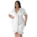 Plus size white sexy dress with cascading ruffles, V-neck mesh detail for women. - L / Dresses / White