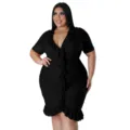 Plus size black v-neck dress with ruffles, elegant and sexy midi dress for women. - L / Dresses / Black