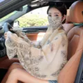 Ice silk sun protection shawl sleeves with face mask for women driving outdoor UV block. - Khaki Porcelain