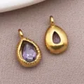 Gold stainless steel teardrop pendant charm with purple birthstone DIY jewelry making - February Birthstone (T1484) / 7x12x4mm (1 Piece) / Deep purple