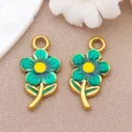 Green flower enamel pendant charms, gold plated DIY jewelry making craft accessories. - Double-sided Flower (T1504)