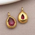 Gold teardrop pendant with red stone, DIY jewelry making accessory charm for necklace and earrings. - Rose Red