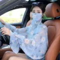 Women floral sun protection face mask shawl ice silk driving anti-UV sleeve breathable new - Cherry Blossoms on Blue