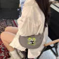 Grey nylon crescent shoulder bag with cute panda embroidery, versatile crossbody design. - Grey Panda