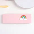 Pink plastic pencil box with cute 3D rainbow and cloud pattern for school student use. - Pink - Rainbow Cloud