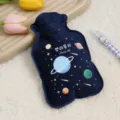 Dark blue plush hot water bottle with star and planet pattern, cozy hand warmer design. - Velvet Style - Planet / 17*11cm Small Size