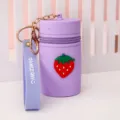Cute mini silicone bucket coin purse with strawberry decor and metal keychain strap. - Purple Iridescent Strawberry