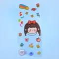 Niedlicher transparenter Cartoon Stickerbogen mit süßem Mädchen und lustigen Bastelmotiven. - Kleines Mädchen mit Schleife