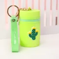 Green silicone mini bucket bag keychain with cute cactus design, portable coin pouch and earphone case. - Green Cactus