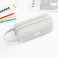 Grande capacité trousse à crayons en toile double couche avec poignée portable gris clair. - Blanc Cassé
