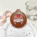 Portable folding hair brush and mirror combo, brown cartoon cute design, compact travel essential. - Brown Cherry Girl