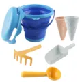 Collapsible beach bucket toy set for kids with sand shovel rake and ice cream molds, perfect fun. - Blue