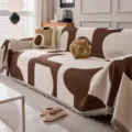 Minimalist knitted sofa cover variant in brown and beige geometric pattern with tassel fringe. - 180x90cm (Small Blanket) / Mica Throw Blanket A-Coffee