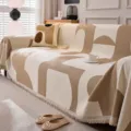 Beige geometric patterned sofa cover with fringe, modern minimalist style throw blanket for living room - Mika Cover A-Khaki / 180x90cm (Small Blanket)