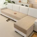 Modern minimalist quilted plush sofa cushion with non-slip backing for living room - Embroidered Lattice Style / 70x70 / Light Coffee