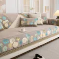 Chenille sofa cover set with elegant blue gold tree pattern, anti-slip backrest towel for living room - Small / Coffee