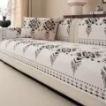 Housse de Canapé Chenille Bohème Motif Géométrique Noir et Blanc Tapis de Canapé Antidérapant - Blanc Cassé