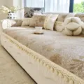 Beige chenille sofa cover, European floral pattern couch slipcover with elegant tassels. - 70*70 / Khaki