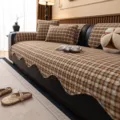 Retro plaid cotton sofa cover, vintage checkerboard sofa slipcover with scolloped edge. - 70*70cm / Khaki
