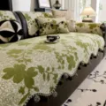 Chenille vintage floral sofa cover non-slip decorative furniture slipcover with pompoms - 70x70cm / Green
