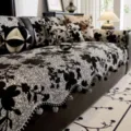 Chenille floral sofa cover vintage European style anti-slip couch mat with tassels black white - Sofa Cushion / 70*70cm / Black