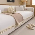Einfarbiger strukturierter Sofabezug Sofaschoner mit Fransendetail in Beige Stil - 70x70cm / Weiß