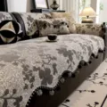 Chenille floral couch cover with pompom fringe trim, vintage retro style sofa slipcover. - 45*45 Pillowcase / Gray