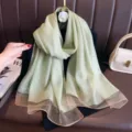 Lightweight sheer green scarf with elegant brown gradient hem for women sun protection chic. - Pale Green