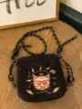 Schicke schwarze bestickte Kordelzug Umhängetasche mit Katzenmuster für Damen Freizeit. - Schwarze Katze