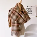 Detailed shot of a vintage plaid fringe scarf in brown and pink, thick warm autumn winter accessory. - Pink and Brown Fringed Plaid / 195*65cm