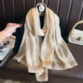 Elegant long striped scarf detail, lightweight imitation silk shawl for women, stylish beige item. - Beige