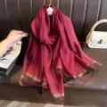 Wine red imitation silk scarf women thin long shawl luxury shimmer beach wrap sun protection - Red