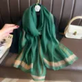 Green silk feel long scarf shawl fashion elegant metallic stripe design for women autumn winter - Green