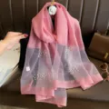 Pink organza silk blend scarf with pearls and rhinestones, elegant women's shawl wrap. - Pink