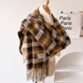 Brown plaid winter scarf with tassels, warm and cozy retro design for women and girls daily wear. - Blue and Brown Fringed Plaid / 195*65cm