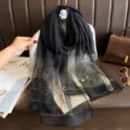 Elegant black sheer organza shawl with pearl beads, long sun protection beach scarf for women. - Black