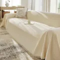 Beige chenille vertical stripe sofa cover with fringes, universal four seasons living room decor. - 180x130cm / Beige