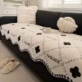 Plush Sofa Cover Wave Edge Grid Cushion Cloud Texture Anti-Slip Living Room Decor Soft - 45*45 Pillowcase / Black