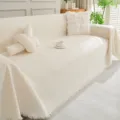 Beige chenille sofa cover solid color universal protector with tassels for home decor. - Set One: 180x260cm + 180x300cm / Beige