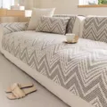 Japanese style cotton linen straight sofa cover detail view showing chevron textured fabric. - 70x70cm / Gray